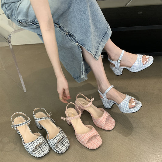 Summer Fashion Chunky Heel Checkered Cutout Women's Sandals