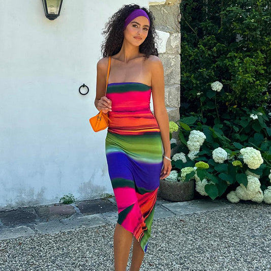 Colorful and Sexy Off-Shoulder Asymmetrical Street-Style Midi Dress