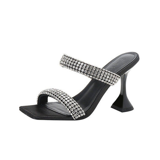 Summer Chunky Heel Square Toe Elegant Rhinestone Strap Sandals
