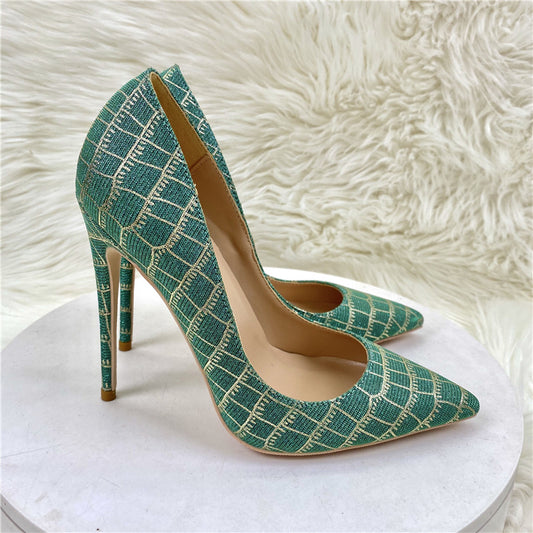 Chic Pointed-toe Stiletto Blue Plaid Sequin High Heels Shoes