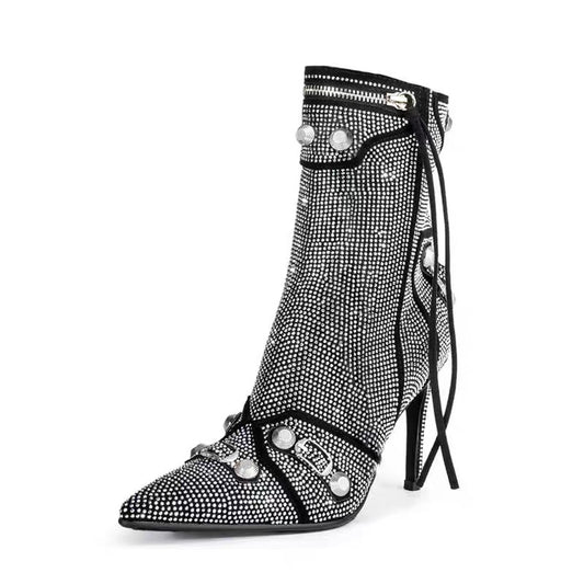 Ultra High Heel Side-Zip Riveted Stiletto Ankle Boots