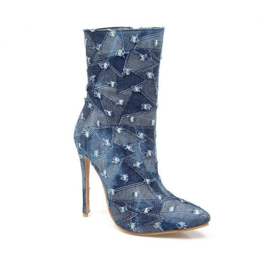 Denim Patchwork Pointed-Toe Mid-Calf High Heel Boots
