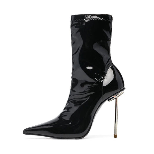 Lacquered Pointed-Toe Metallic Stiletto Short Boots
