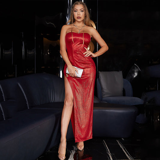 Elegant Long Red Wrap Bustier Sensual Maxi Dress