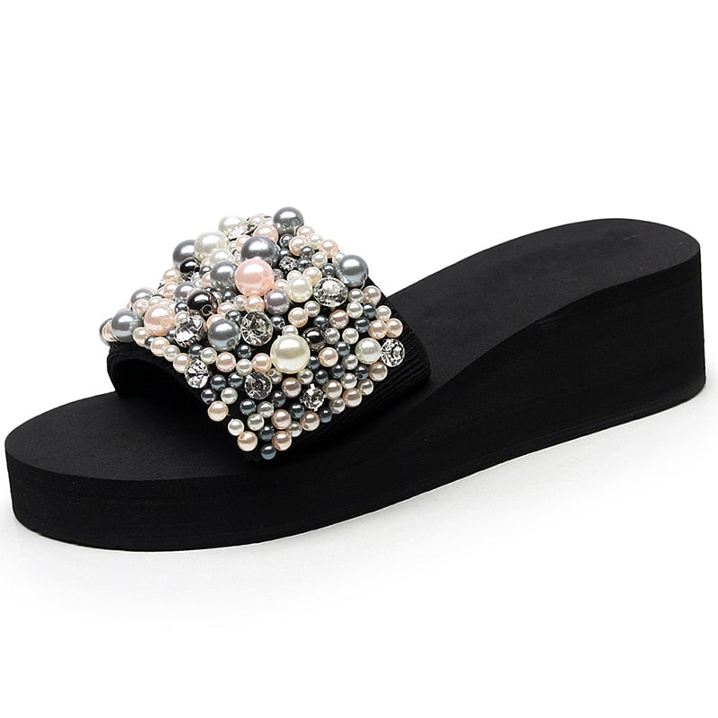 Black Crystal Handmade Pearl Wedge Slippers