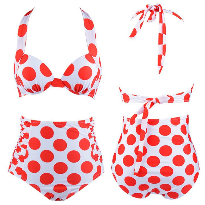 Red Color Polka Dots  High Waist Bikini Set - MeetYoursFashion - 1