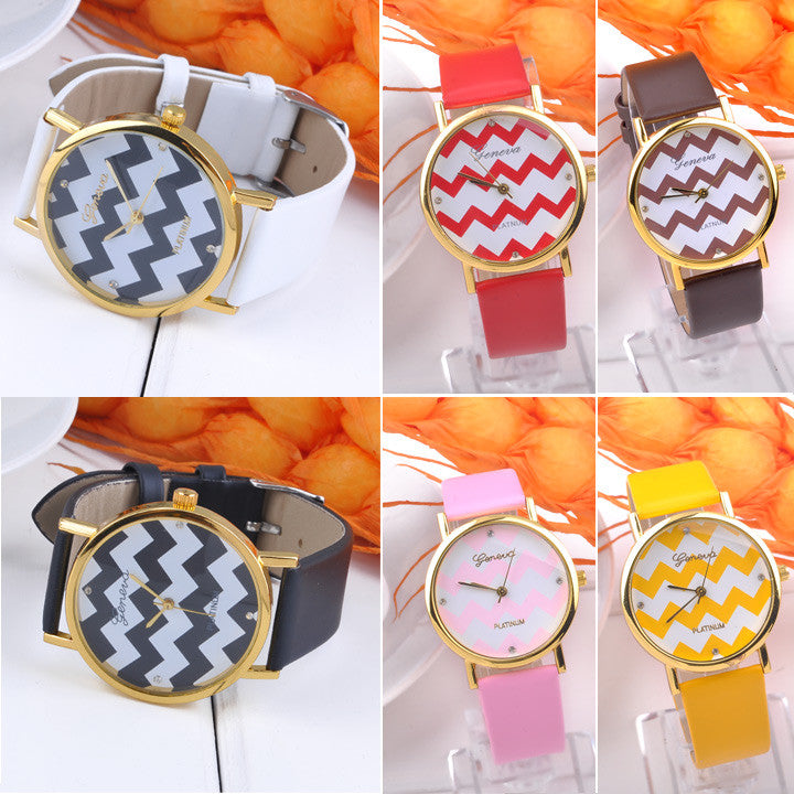 Popular Geneva Stripes Watch PU Leather Analog Quartz Wrist Watches
