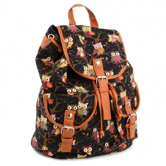 Women Cute Cartoon Owls Pattern Canvas Backpack Shoulder Bag Students Schoolbag Book Bag