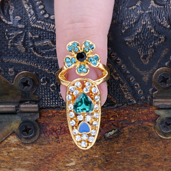 Fashion Bowknot Crown Crystal Finger Nail Art Ring Jewelry Fake Nail Art Finger