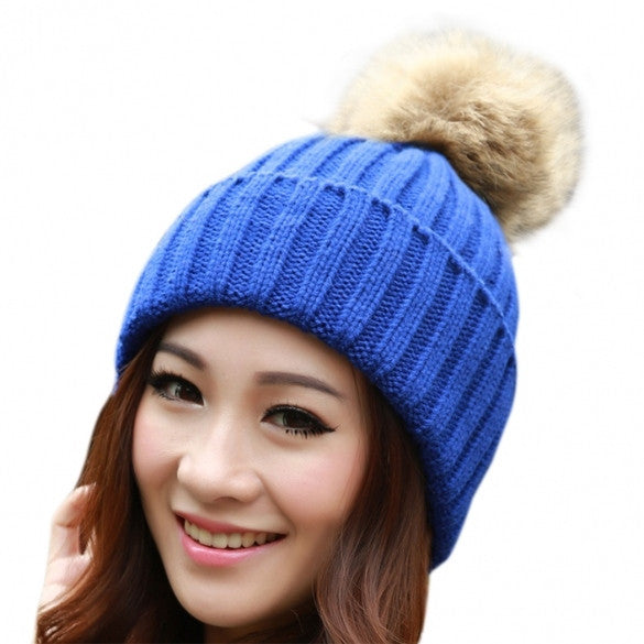 New Women's Knit Cap Beanie Hat With Fur Winter Slouch Elastic