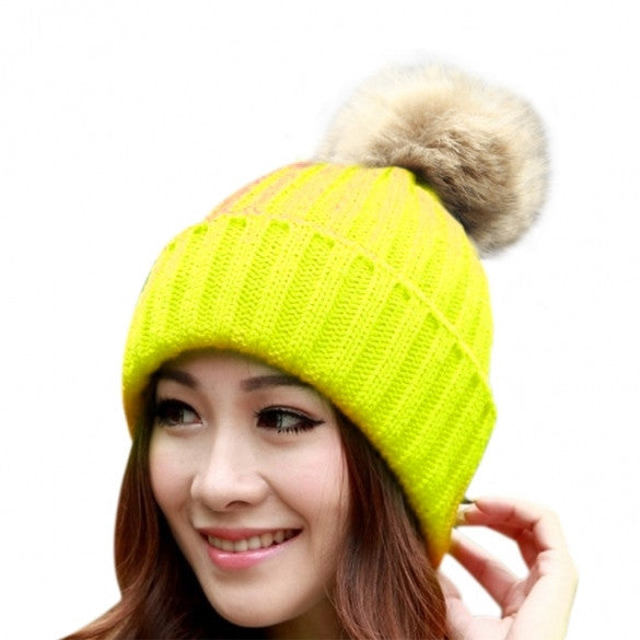 New Women's Knit Cap Beanie Hat With Fur Winter Slouch Elastic