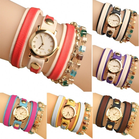 Fashion Wrap Around Rhinestone Chain Synthetic Leather Bracelet Quartz Wrist Watch - Meet Yours Fashion - 3