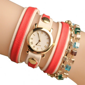 Fashion Wrap Around Rhinestone Chain Synthetic Leather Bracelet Quartz Wrist Watch - Meet Yours Fashion - 1