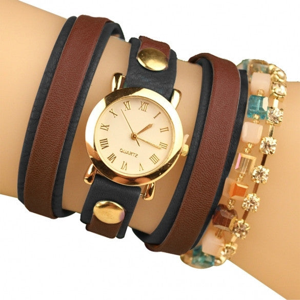 Fashion Wrap Around Rhinestone Chain Synthetic Leather Bracelet Quartz Wrist Watch - Meet Yours Fashion - 5