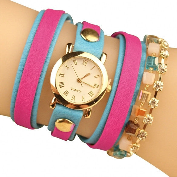 Fashion Wrap Around Rhinestone Chain Synthetic Leather Bracelet Quartz Wrist Watch - Meet Yours Fashion - 2