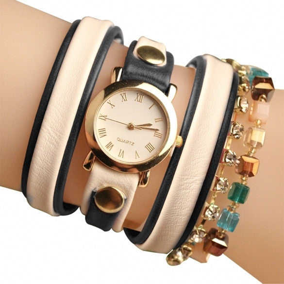 Fashion Wrap Around Rhinestone Chain Synthetic Leather Bracelet Quartz Wrist Watch - Meet Yours Fashion - 6