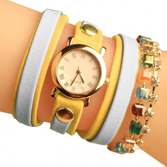 Fashion Wrap Around Rhinestone Chain Synthetic Leather Bracelet Quartz Wrist Watch - Meet Yours Fashion - 7