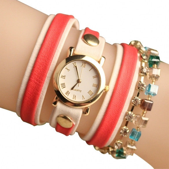 Fashion Wrap Around Rhinestone Chain Synthetic Leather Bracelet Quartz Wrist Watch - Meet Yours Fashion - 8