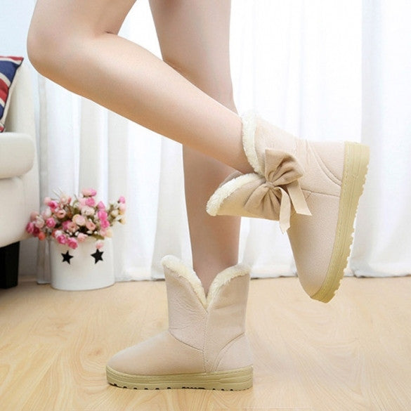 High Quality Women Winter Snow Boots Warm Flat Heel Solid Bowknot Snow Boots Ankle Platform Mid Shoes