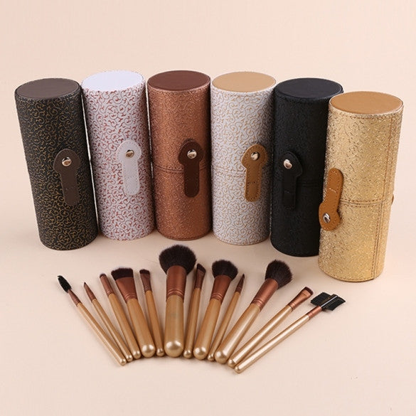 12 PCS Practical Makeup Brush Set Cosmetic Brushes Tool Kit + Cup Holder Case