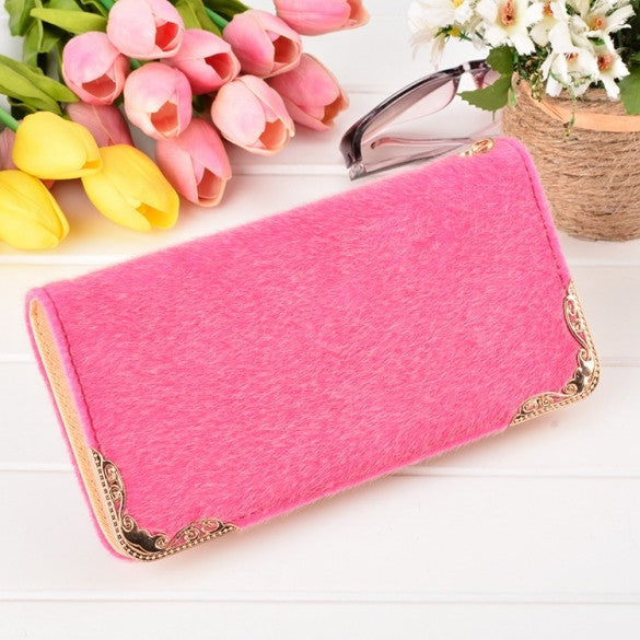 New Fashion Women Faux Hair Synthetic Leather Long Wallet Clutch Bag