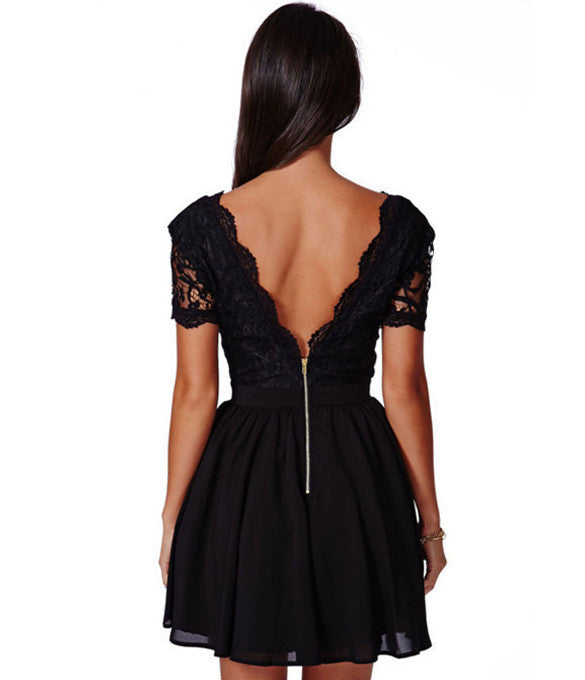 Deep V-neck V-back Backless Lace Little Black Dress - Meet Yours Fashion - 4