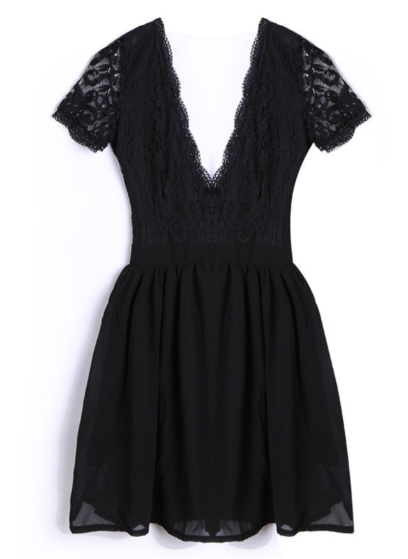 Deep V-neck V-back Backless Lace Little Black Dress - Meet Yours Fashion - 6