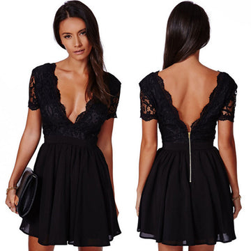 Deep V-neck V-back Backless Lace Little Black Dress - Meet Yours Fashion - 1