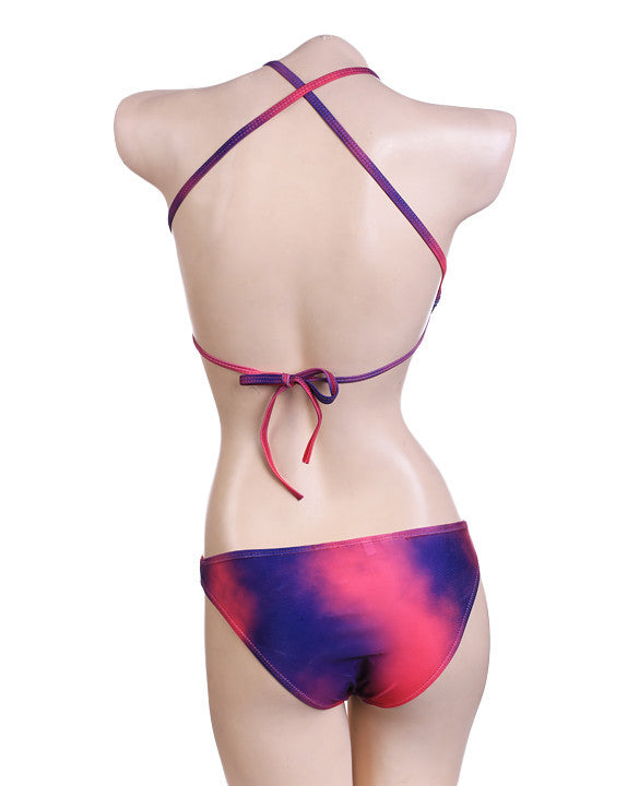 Halter Cross Back Contrast Color Lace UP Beach Swimwear Bikini - MeetYoursFashion - 3