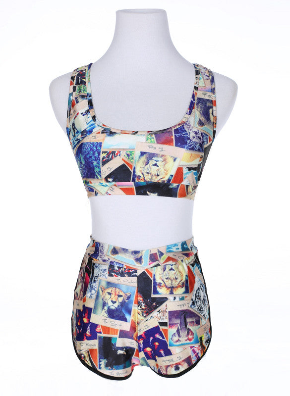New Trend Print Crop Top with Short Two Pieces Swimwear Bikini Set - Meet Yours Fashion - 4