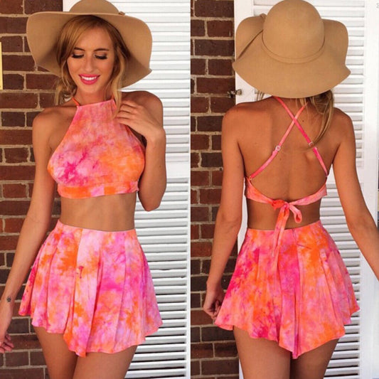 Print Backless Crop Top with Shorts Two Pieces Dress Set