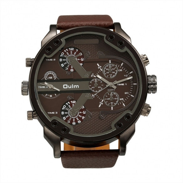 OULM Fashion Oversized Dual Dial Display Time Chronograph PU Leather Band Men's Watch - Meet Yours Fashion - 1