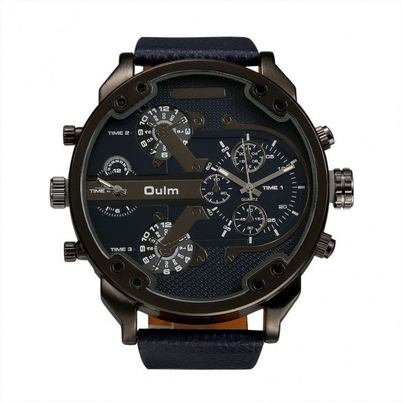 OULM Fashion Oversized Dual Dial Display Time Chronograph PU Leather Band Men's Watch - Meet Yours Fashion - 3