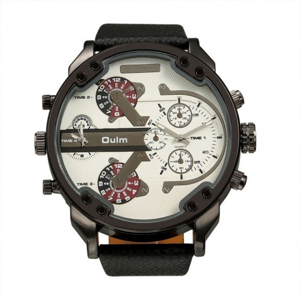 OULM Fashion Oversized Dual Dial Display Time Chronograph PU Leather Band Men's Watch - Meet Yours Fashion - 5