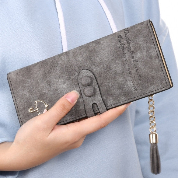 Women Lady Synthetic Leather Card Holder Long Trifold Wallet Clutch Checkbook Tassel Handbag Purse