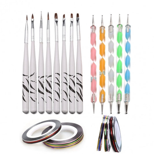 5PCS 2way Dotting Pen Marbleizing Tool + 8PCS Nail Art Brush + 10PCS Nail Striping Tape Tool Kit Set