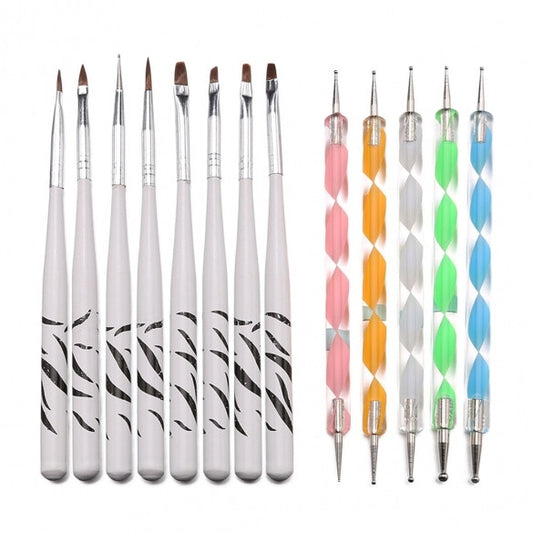 Free Shipping 5PCS Double Ended Dotting Pen Marbleizing+ 8PCS Nail Art Brush Tool Kit Set Manicure DIY Tool