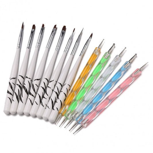 Free Shipping 5PCS Double Ended Dotting Pen Marbleizing+ 8PCS Nail Art Brush Tool Kit Set Manicure DIY Tool