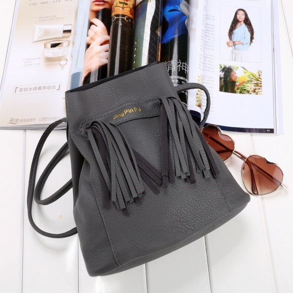Fashion Women Soft Shoulder Bag Drawstring Bucket Bag With Tassel