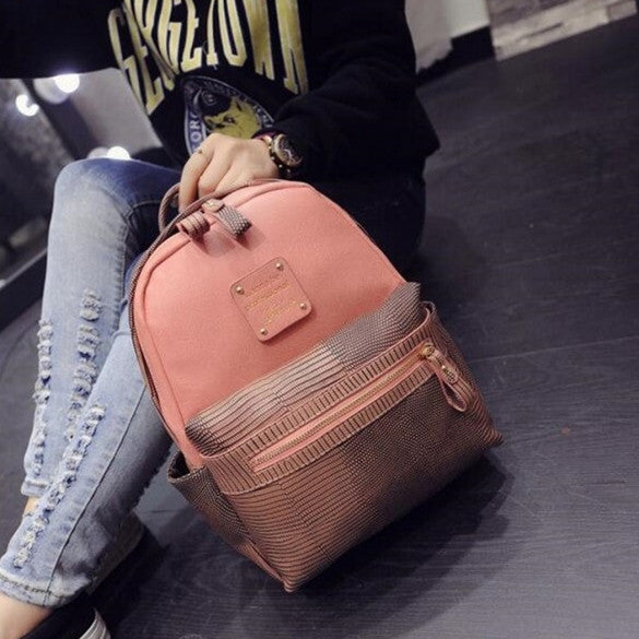 Fashion Women Girls School Bag Artificial Leather Contrast Color Shoulder Bag Backpacks - Meet Yours Fashion - 2