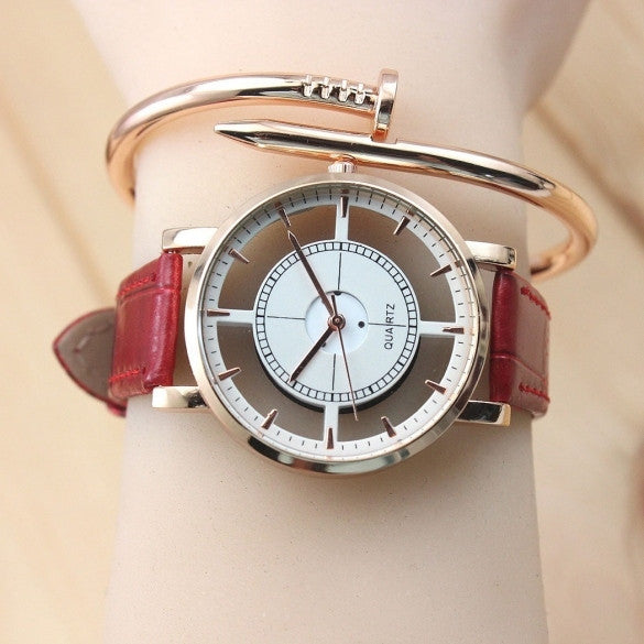 Fashion Transparent Women Embossed Leather Band Anchor Quartz Wrist Watch