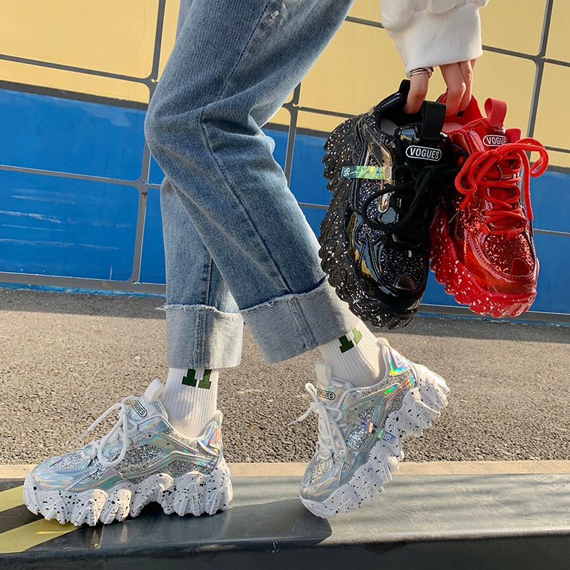 Sequin Lace Up Height Increasing Chunky Sneakers