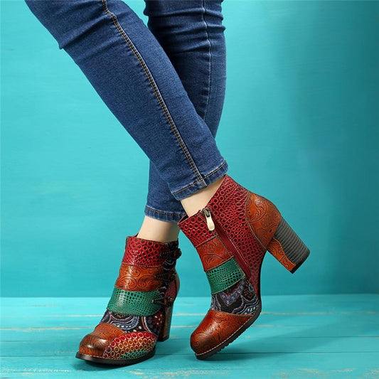 Leather Retro Print Block Heels Ankle Boots