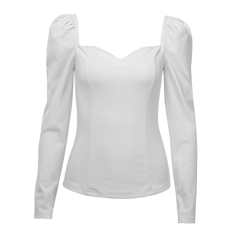 Special Offer Hot Sale Autumn Solid Color Vintage New Women Shirts Puff Sleeve Square Sexy Small V-Neck Slim Blouse