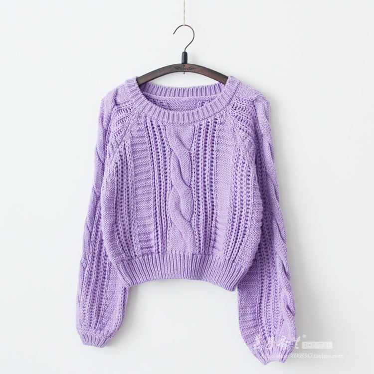 Cable Sleeve Coarse Yam Pure Color Pullover Sweater - Meet Yours Fashion - 5