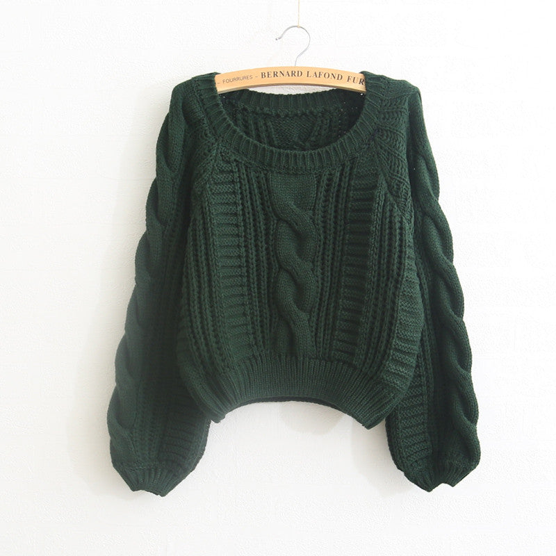 Cable Sleeve Coarse Yam Pure Color Pullover Sweater - Meet Yours Fashion - 3
