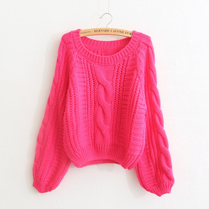 Cable Sleeve Coarse Yam Pure Color Pullover Sweater - Meet Yours Fashion - 4