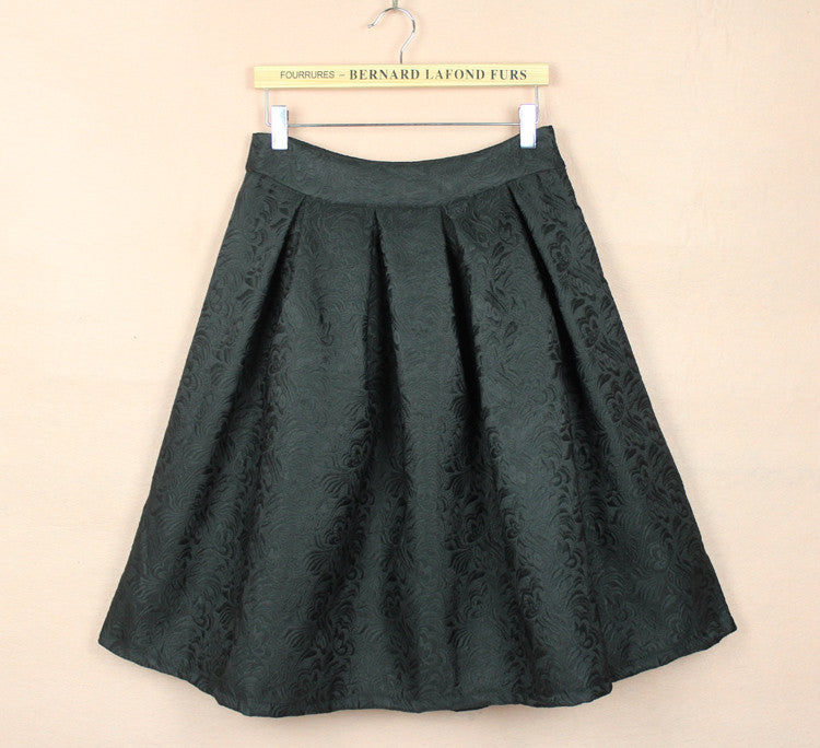High Waist 3D Subtle Print Pleated Flared Full Skirt