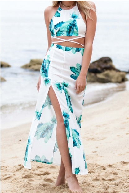Flower Print Halter Crop Top with Split Bohemian Long Skirt Dress Set
