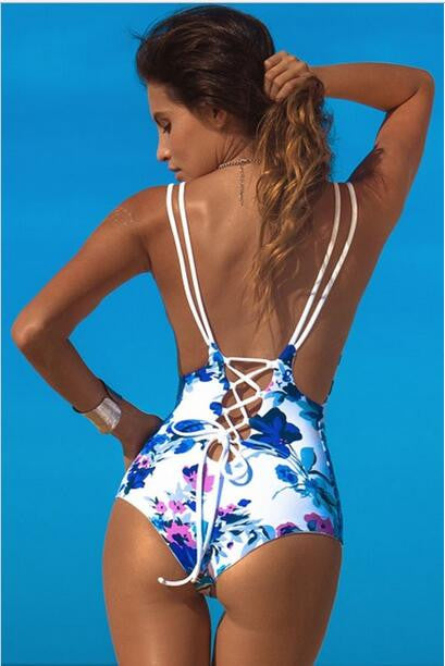 Floral Print Spaghetti Strap Hollow Out Back One Piece Swimwear